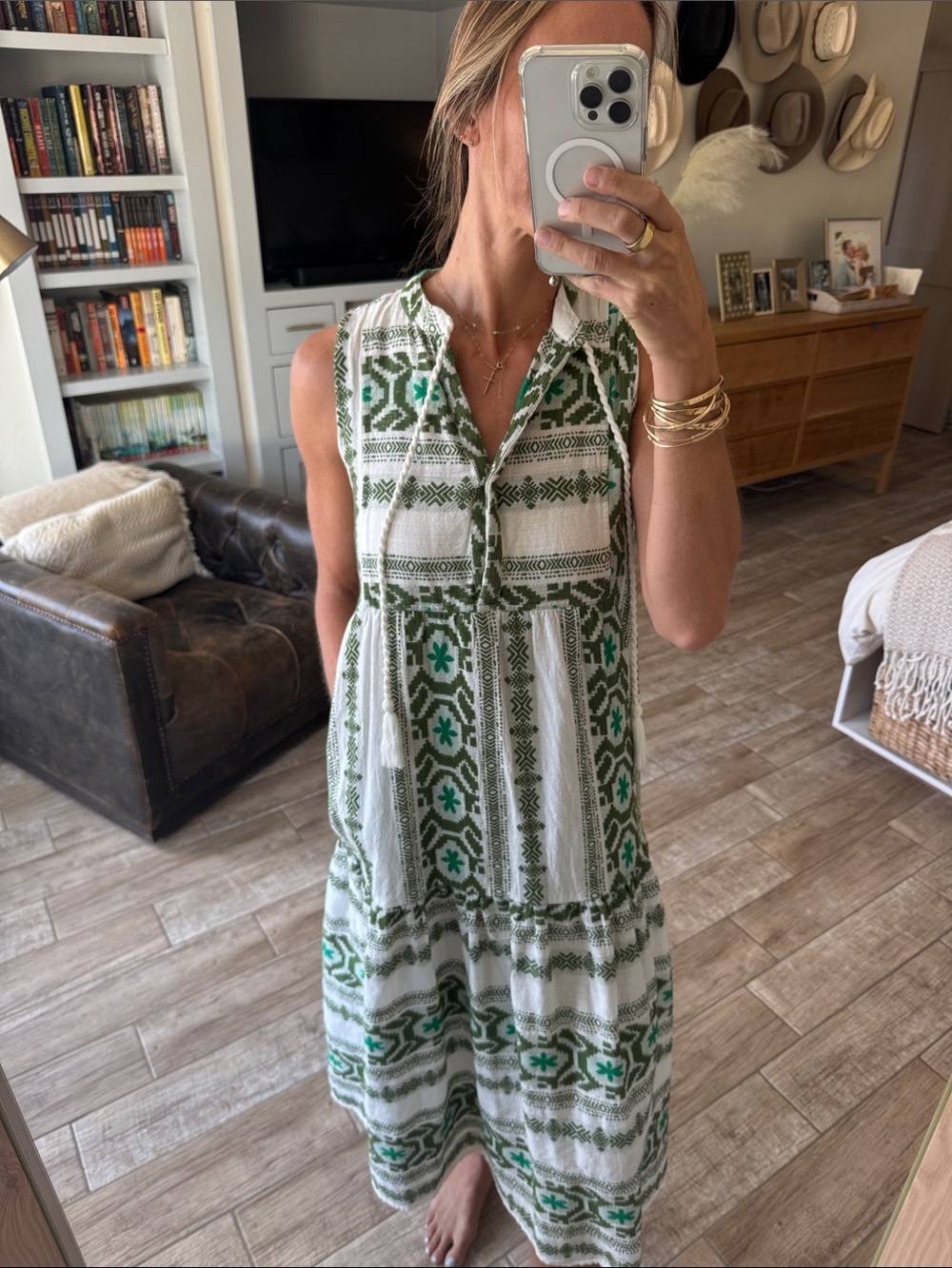 Elan White and Green Sleeveless Printed Tiered Midi Dress